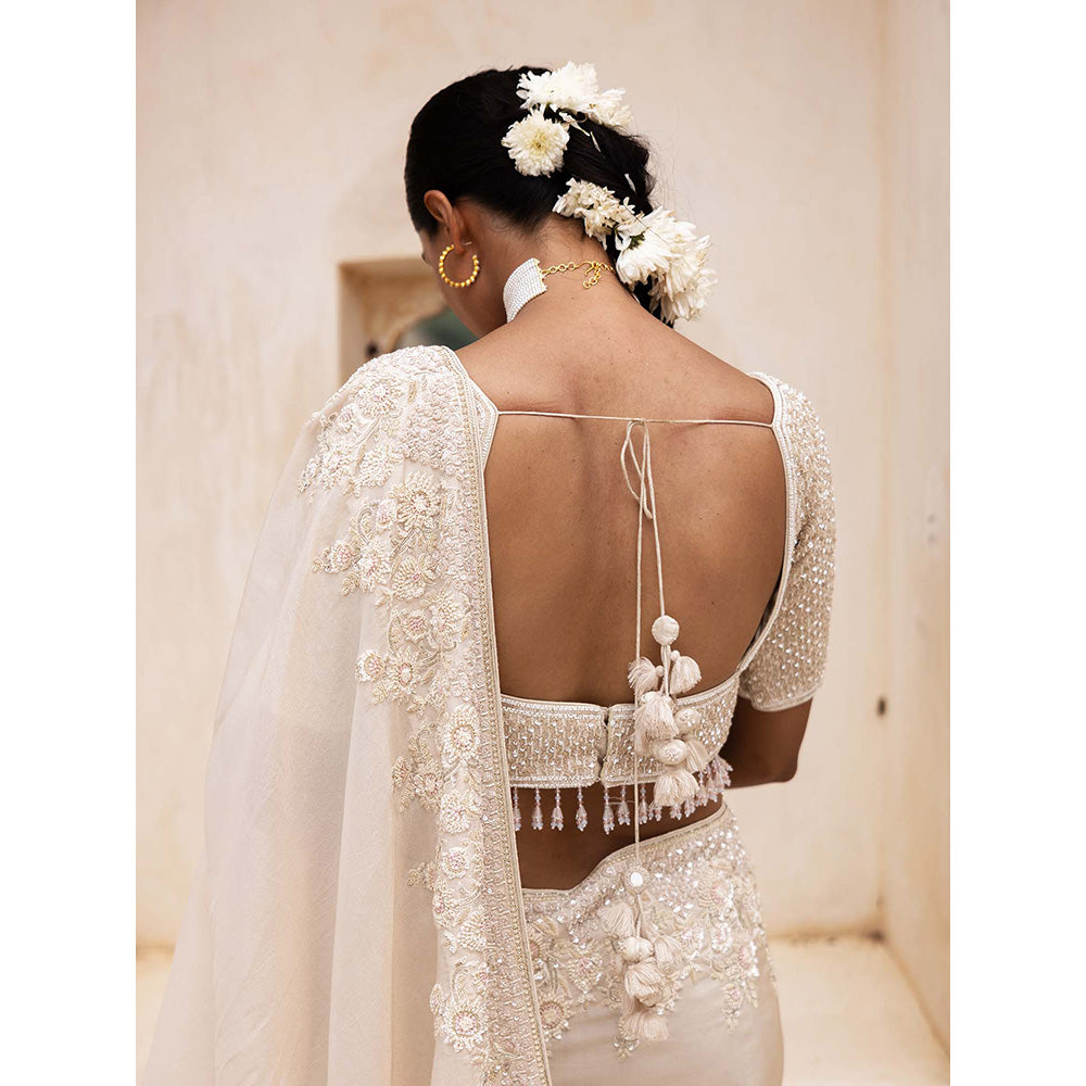 Aangan by Parul Ivory Gossamer Grace Saree with Stitched Blouse and Petticoat