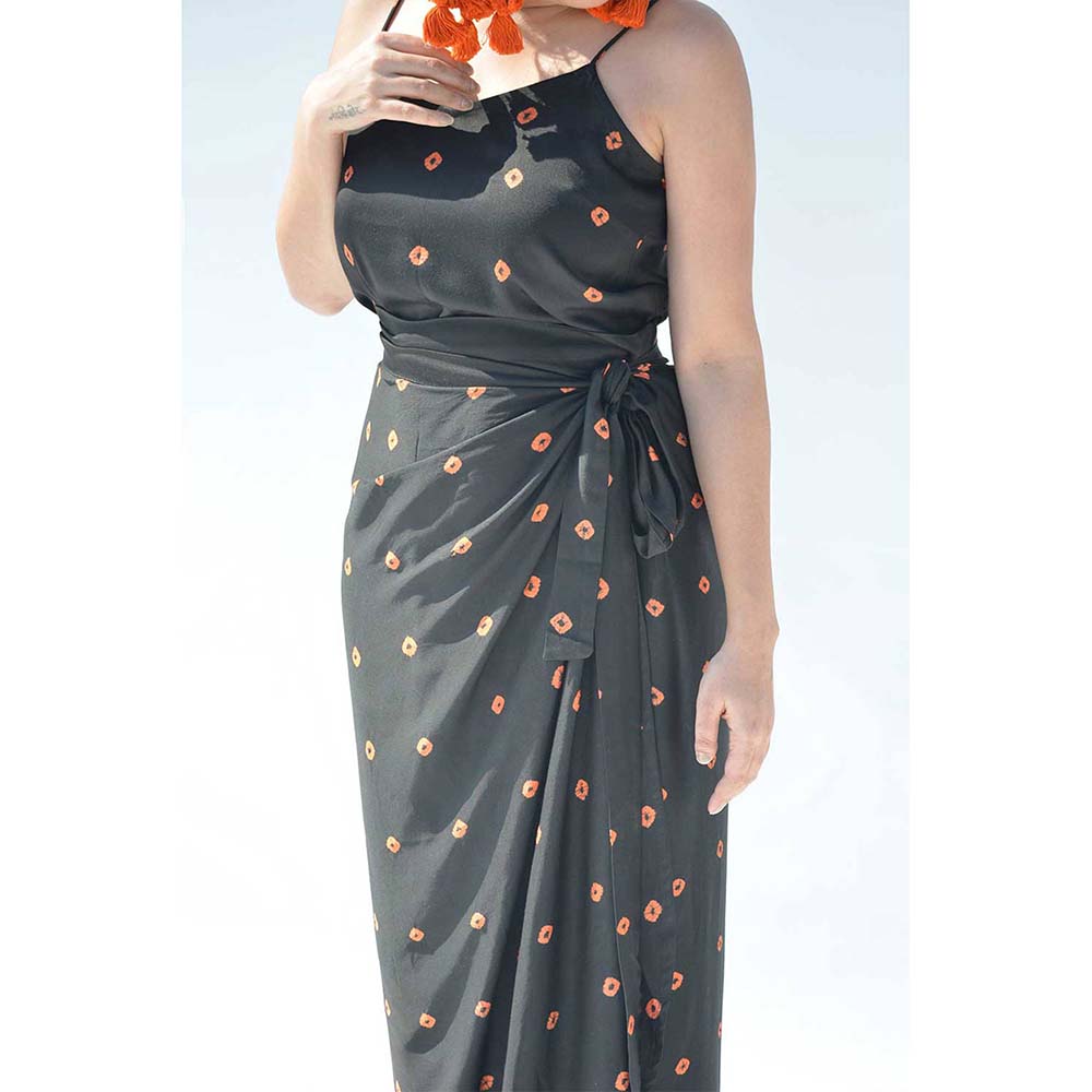 Aapro Label Black Bandhej Spaghetti Wrap Dress