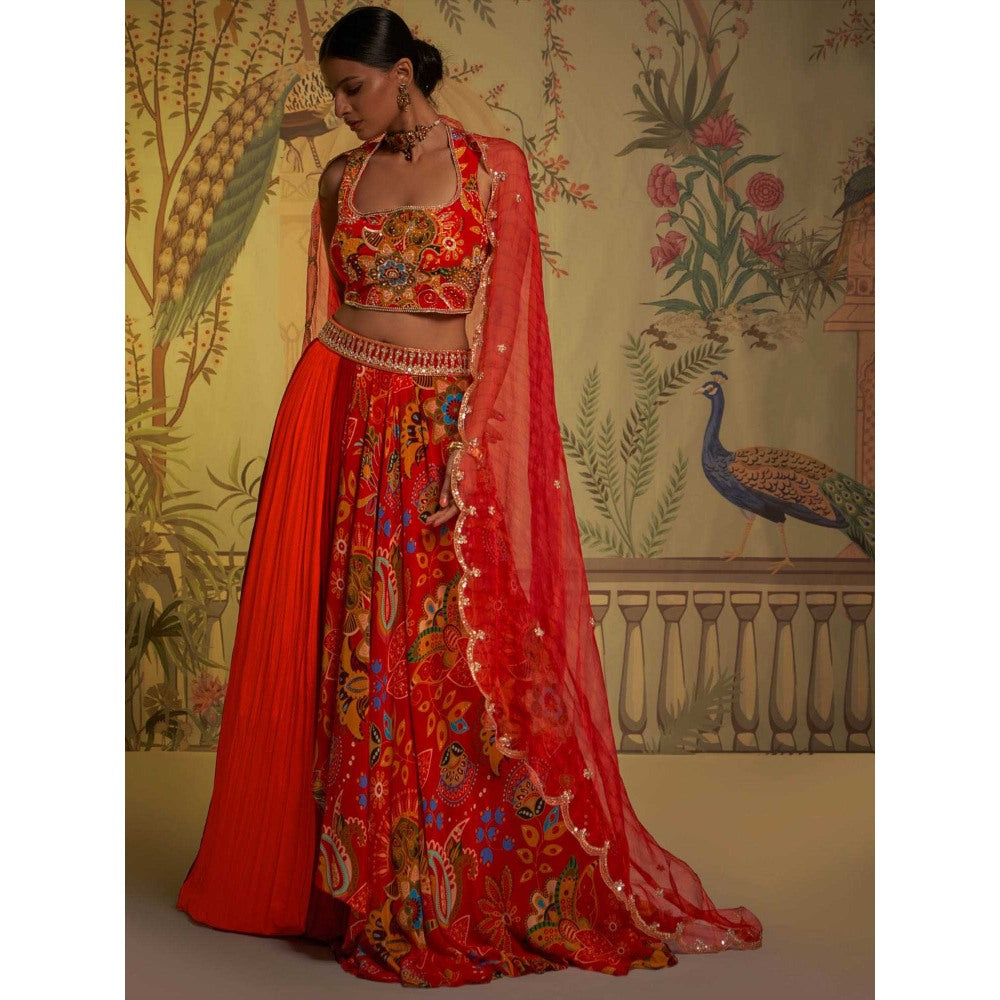 Aayushi Maniar Floral Lehenga with Blouse and Dupatta Red (Set of 3)