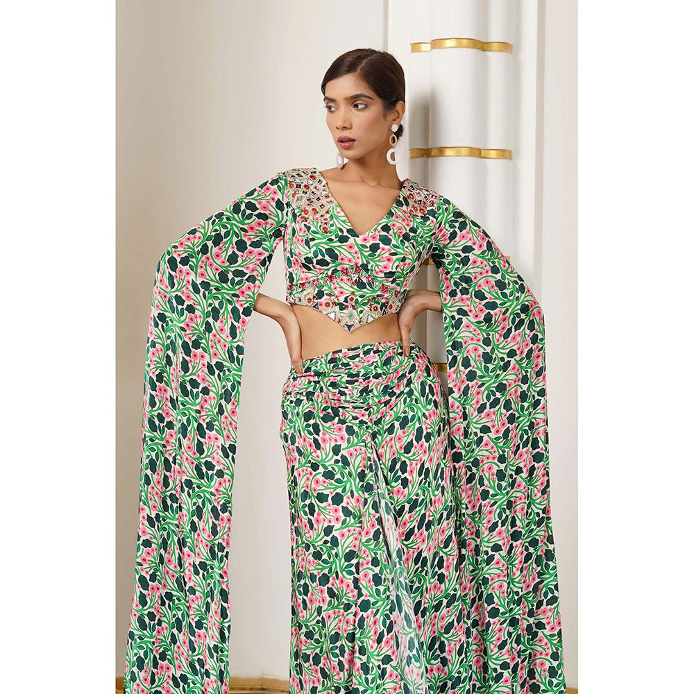 AHI Clothing Green Floral Cape Sleeve Indo Crepe Top With Skirt