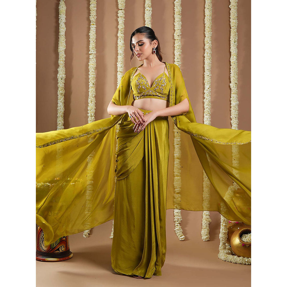 AHI Clothing Mehendi Green Crepe Drape Shrug And Bustier With Skirt