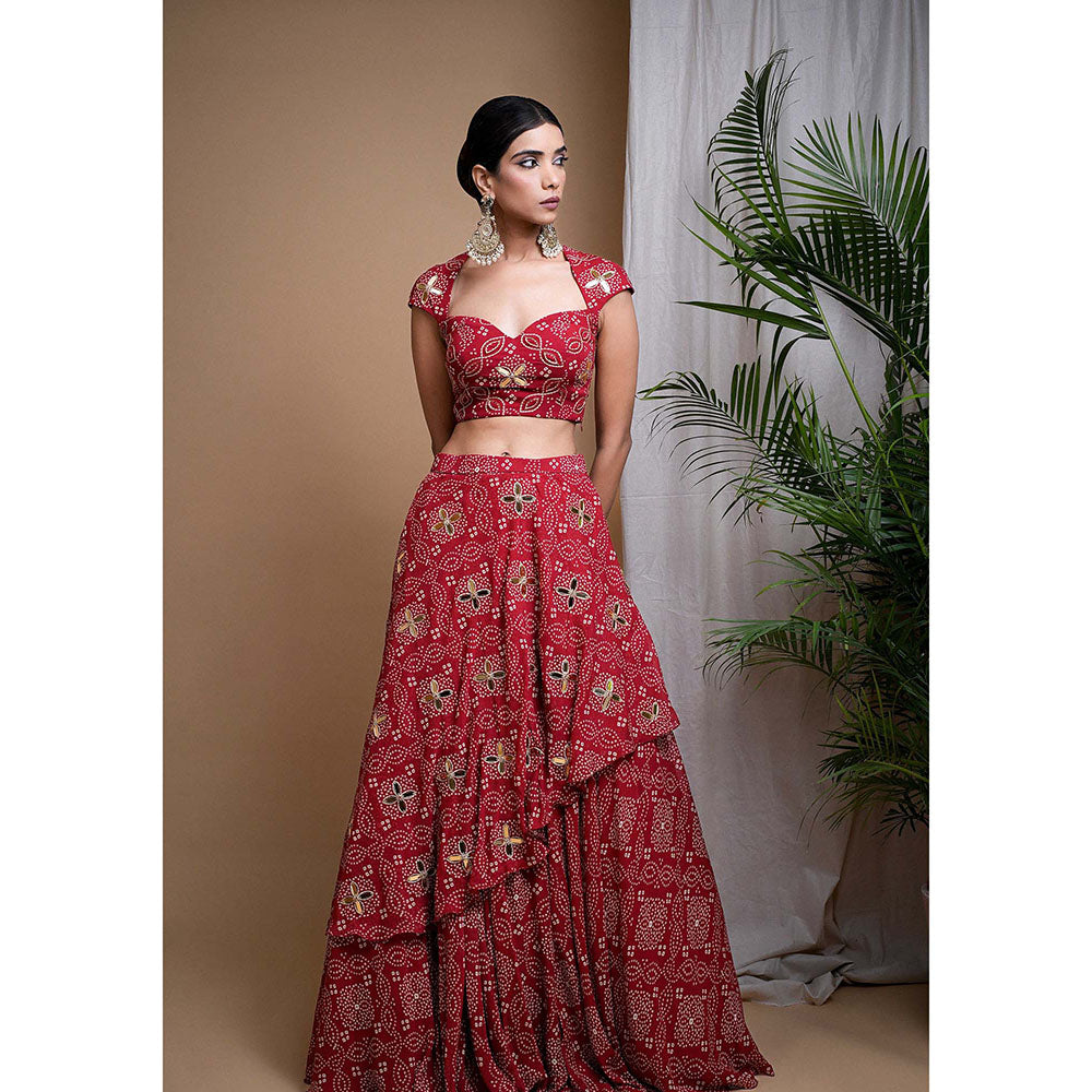 AHI Clothing Red Bandhani Digital Printed Indo Lehenga And Blouse