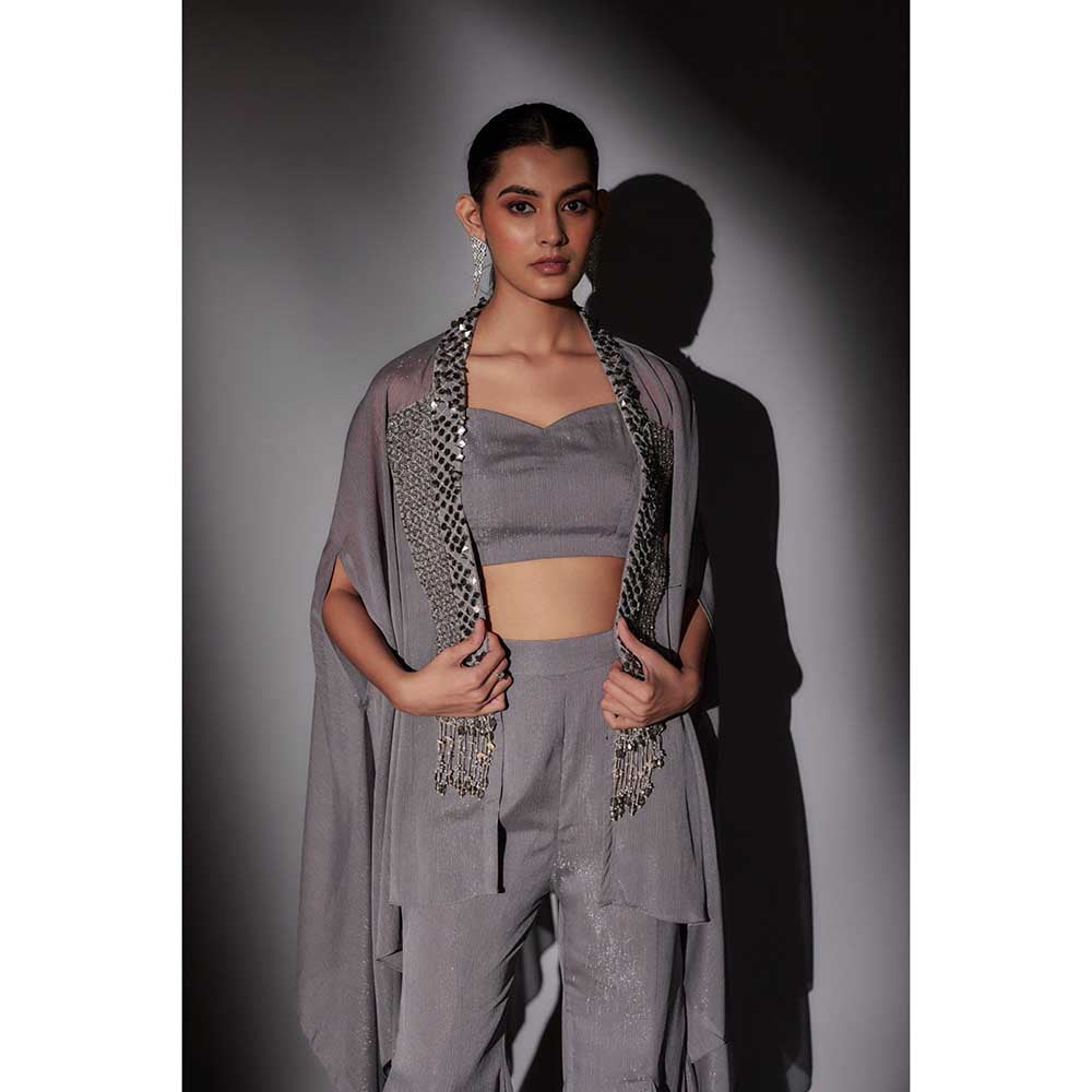 Ajiesh Oberoi Grey Embroidered Cape with Bustier and Sharara (Set of 3)