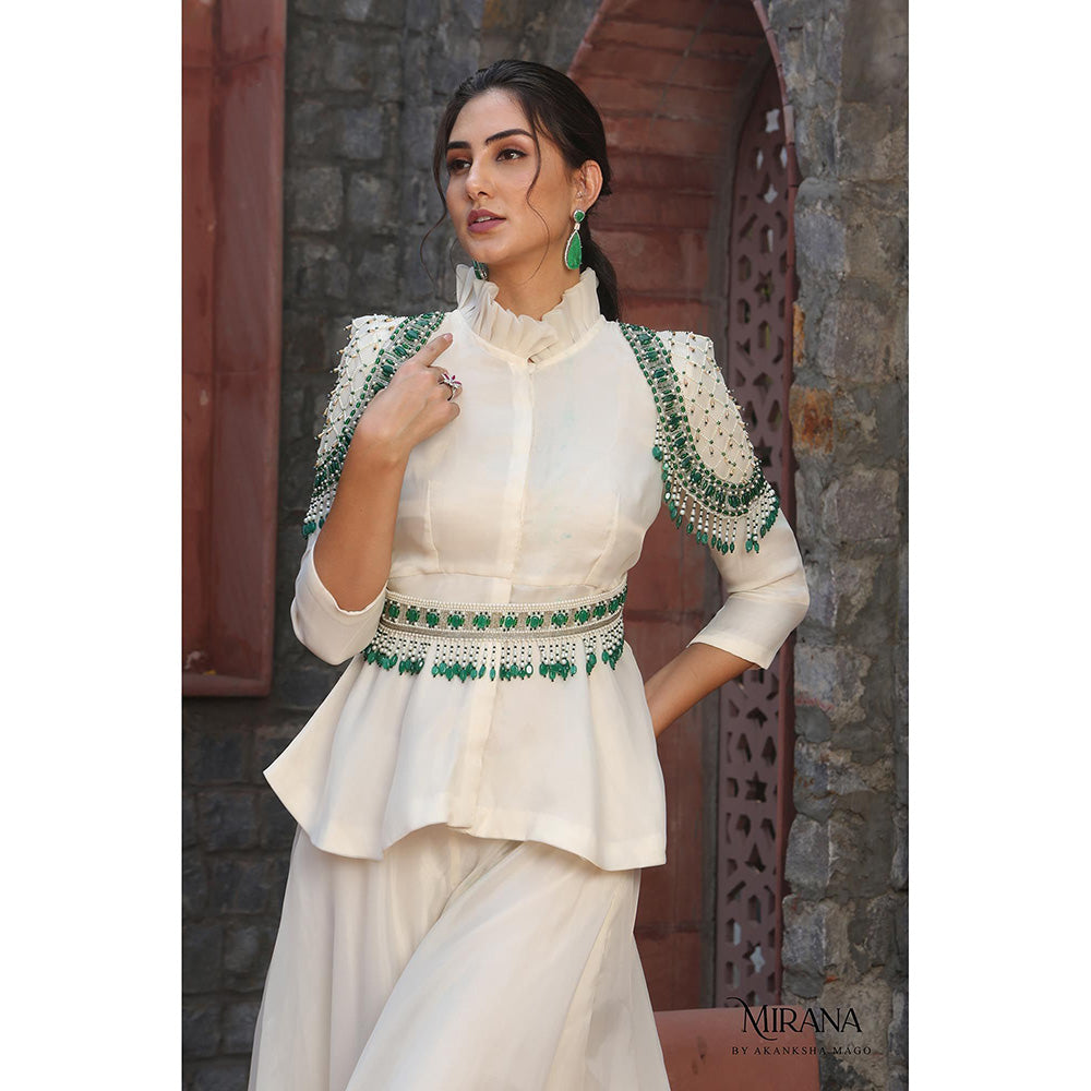 Akanksha Mago Meher Off White Embellished Peplum Top with Sharara & Belt (Set of 3)