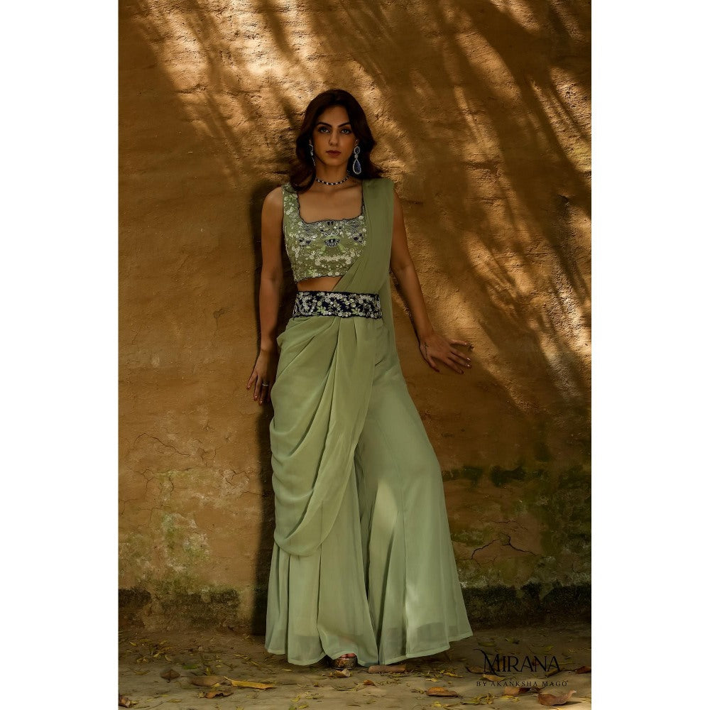 Akanksha Mago Alina Green Blouse & Sharara with Belt & Draped Dupatta (Set of 4)