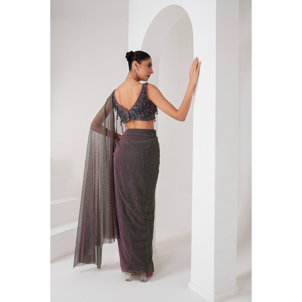 AKARA Women's Lavender Crystal Embellished Pre Drape Saree with Stitched Blouse