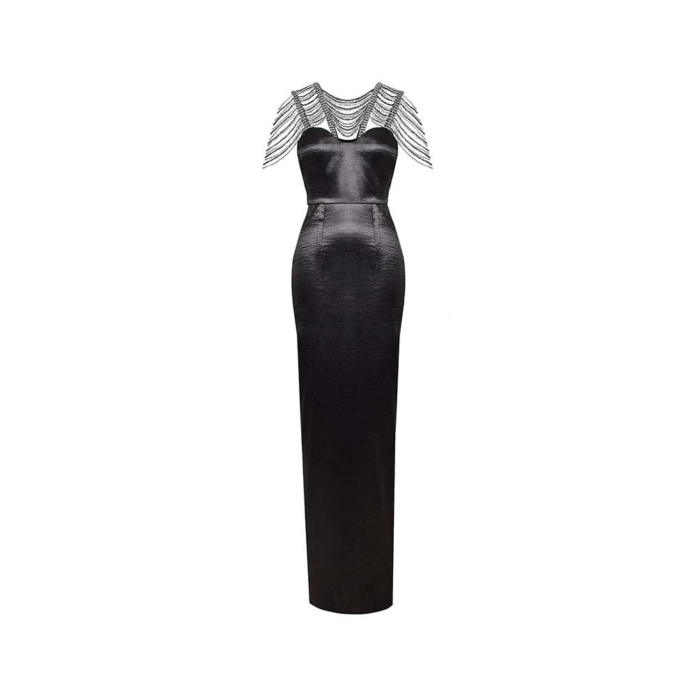 AKHL Black Textured Satin Sequins Pencil Dress