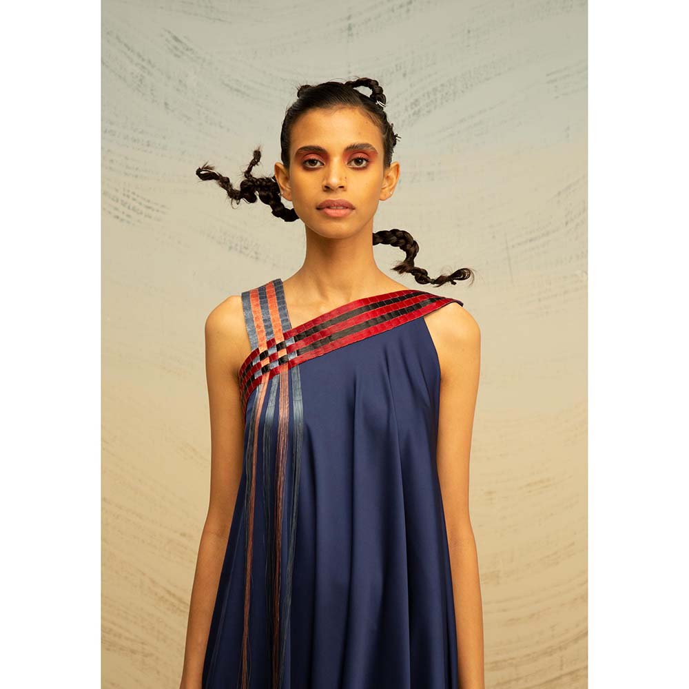 AKHL Navy Blue Gathered Chiffon Dress with Arc Panels