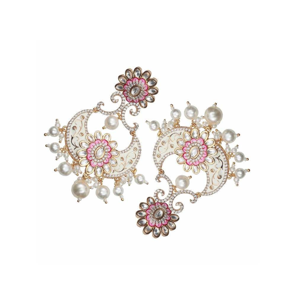 Akulya Jewels Pink and White Kundan Meenkari Chandbalis