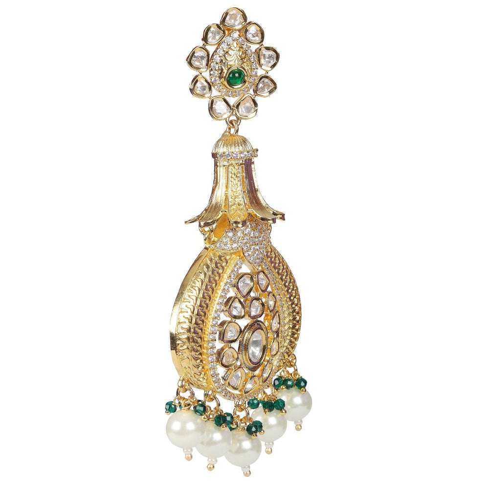 Akulya Jewels Antique Kundan Danglers with Delicate Faux Diamonds Green and White Beads.