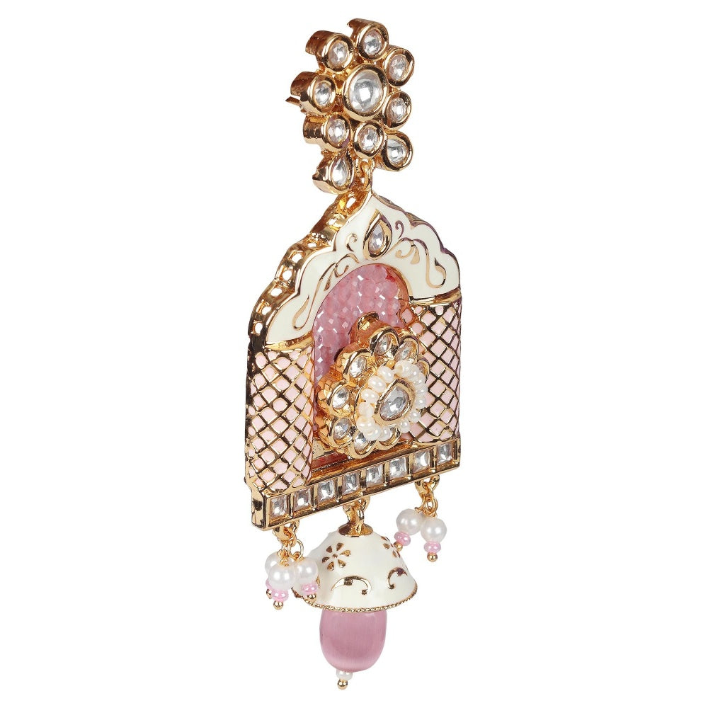 Akulya Jewels Blush Pink Minakari Kundan Jharokha Styled Danglers