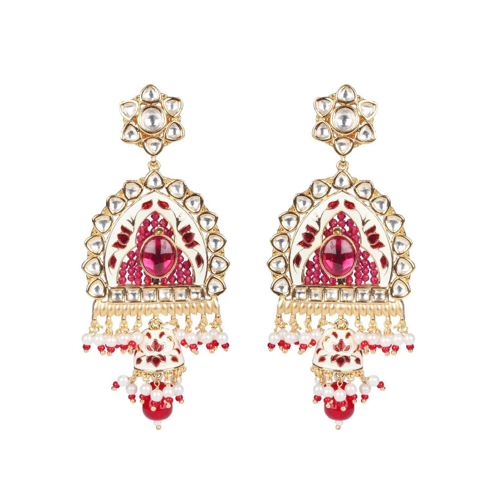 Akulya Jewels Ruby Red and White Kundan and Minakari Long Necklace (Set of 2)