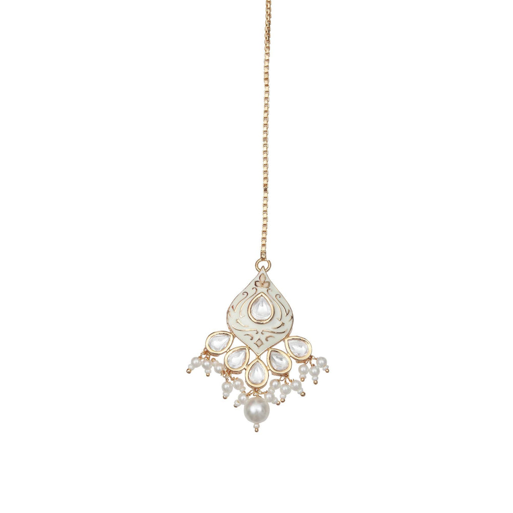 Akulya Jewels White Minakari Kundan Pearl Choker (Set of 3)