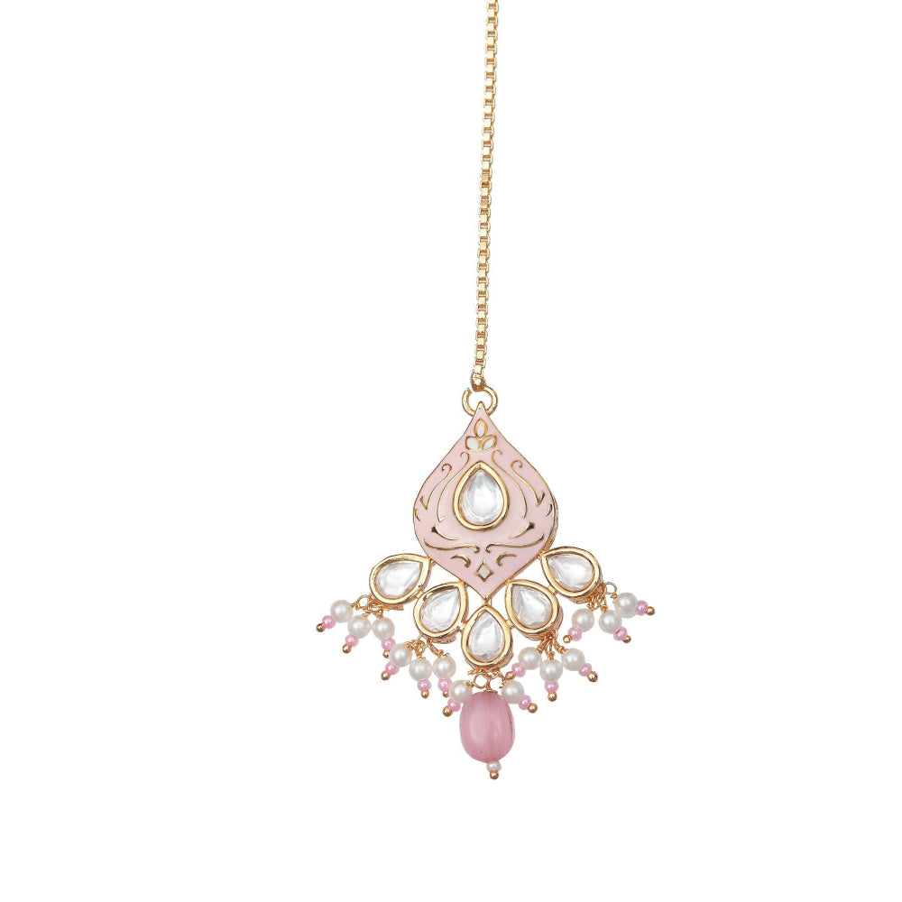 Akulya Jewels Blush Pink Minakari Kundan Pearl Choker (Set of 3)