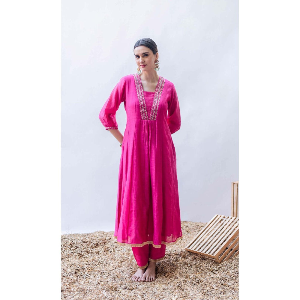 AM by Anita Mittal Pink Pure Cotton Yara A-Line Kurta with Pant and Dupatta