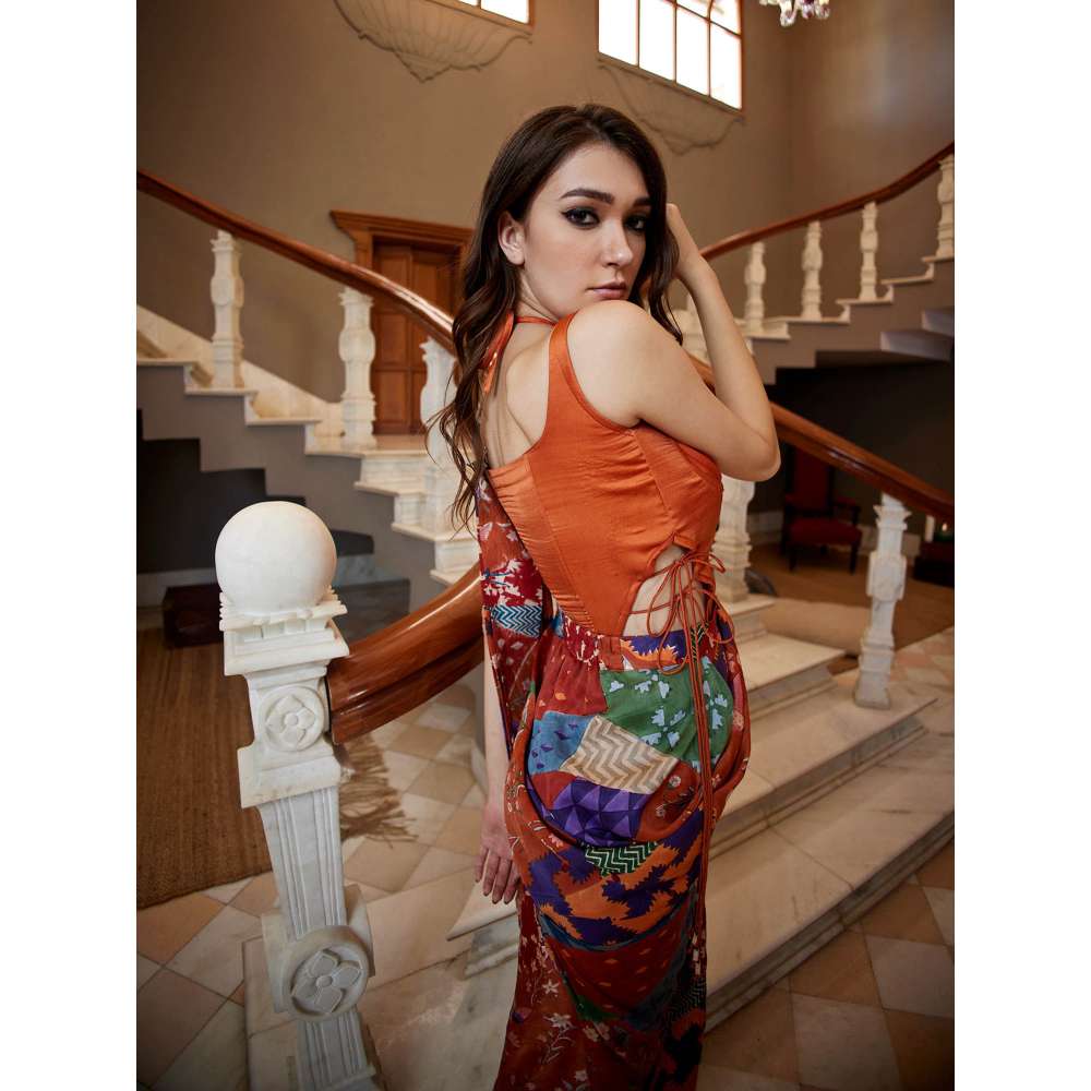 Amrood Rust Pre-Draped Saree with Stitched Blouse