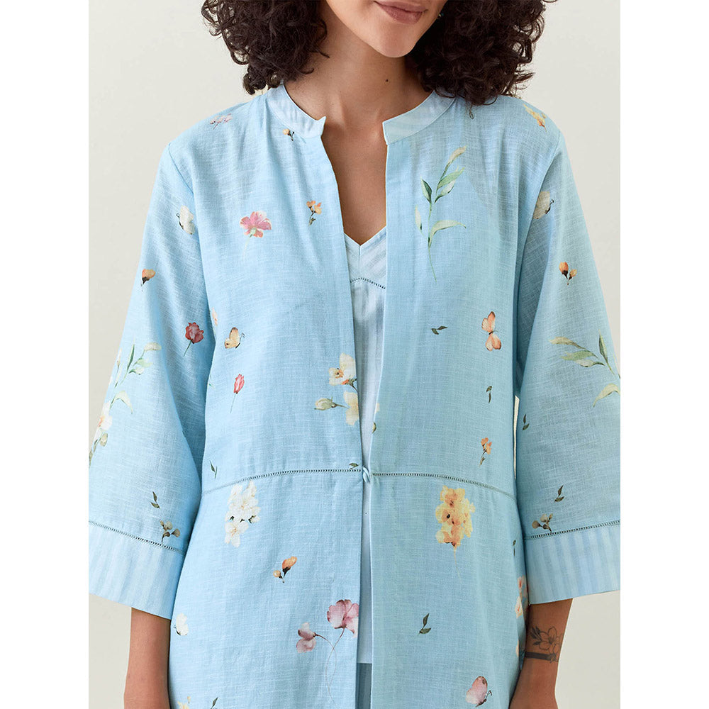 Anantaa by Roohi Trehan Blue Botanical Print Front Open Cotton Linen Jacket