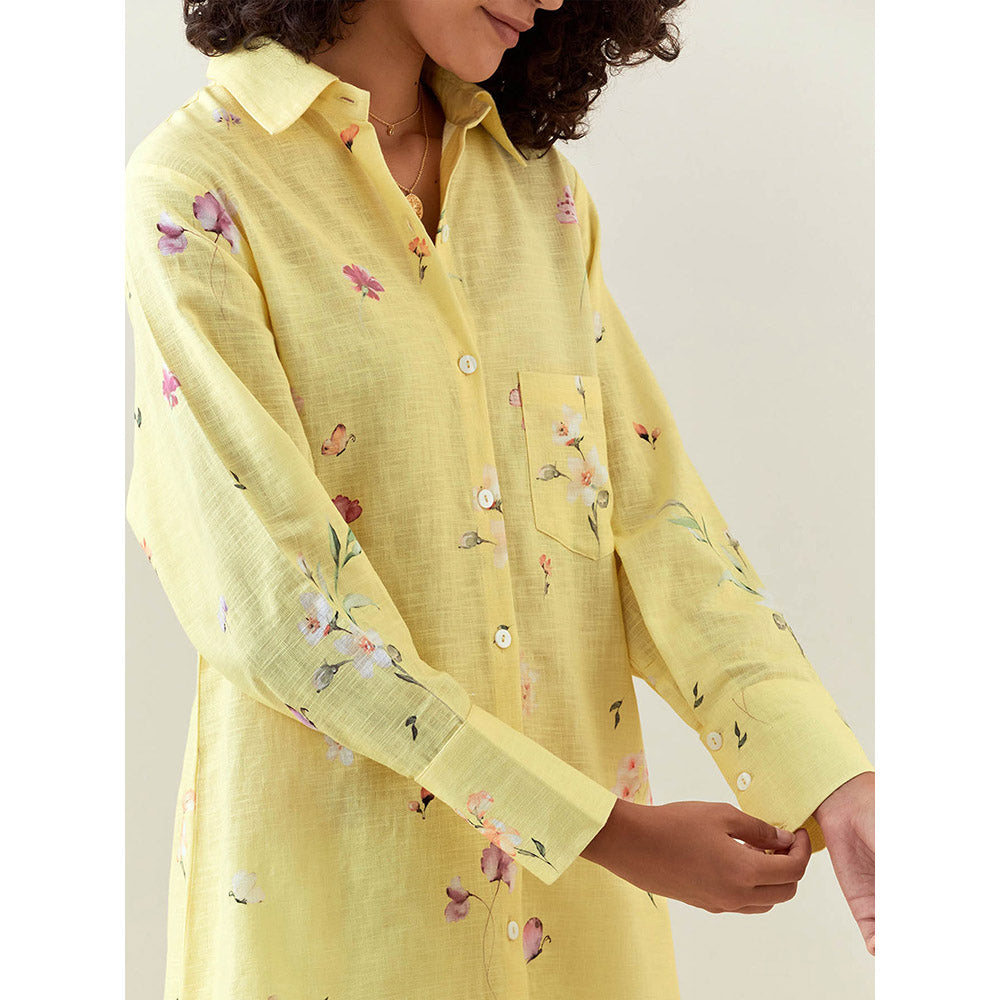 Anantaa by Roohi Trehan Yellow Botanical Print Cotton Linen Shirt