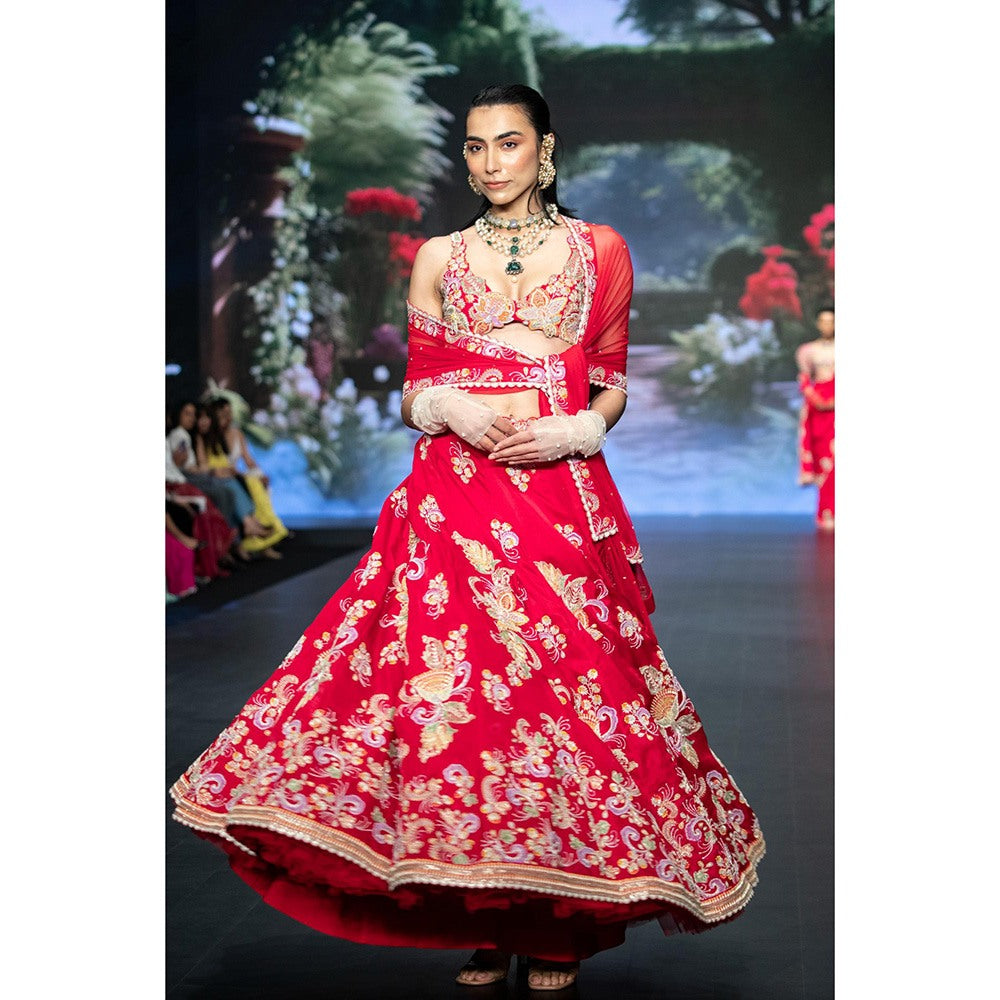 Anu Pellakuru Red Gunjan Embroidered Lehenga with Blouse and Dupatta (Set of 3)