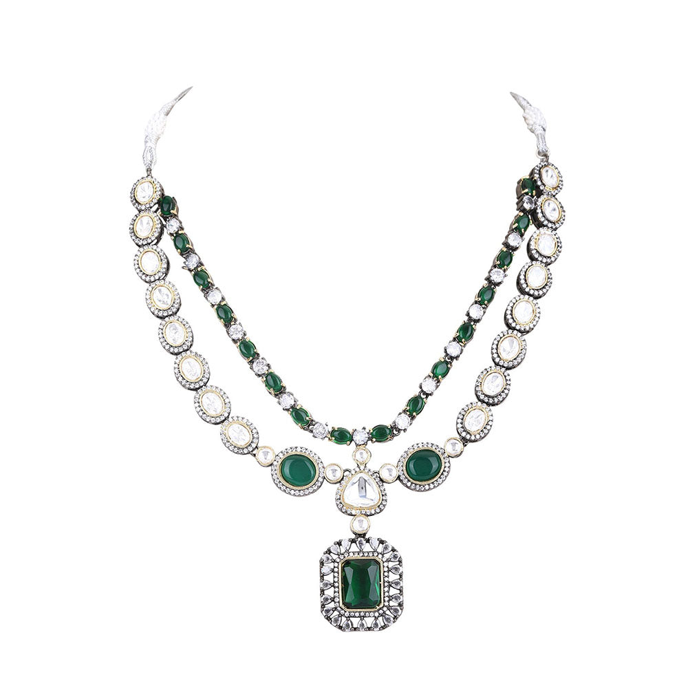 Auraa Trends Rhodium Plated American Diamond Zircon Green Necklace Set For Women & Girls