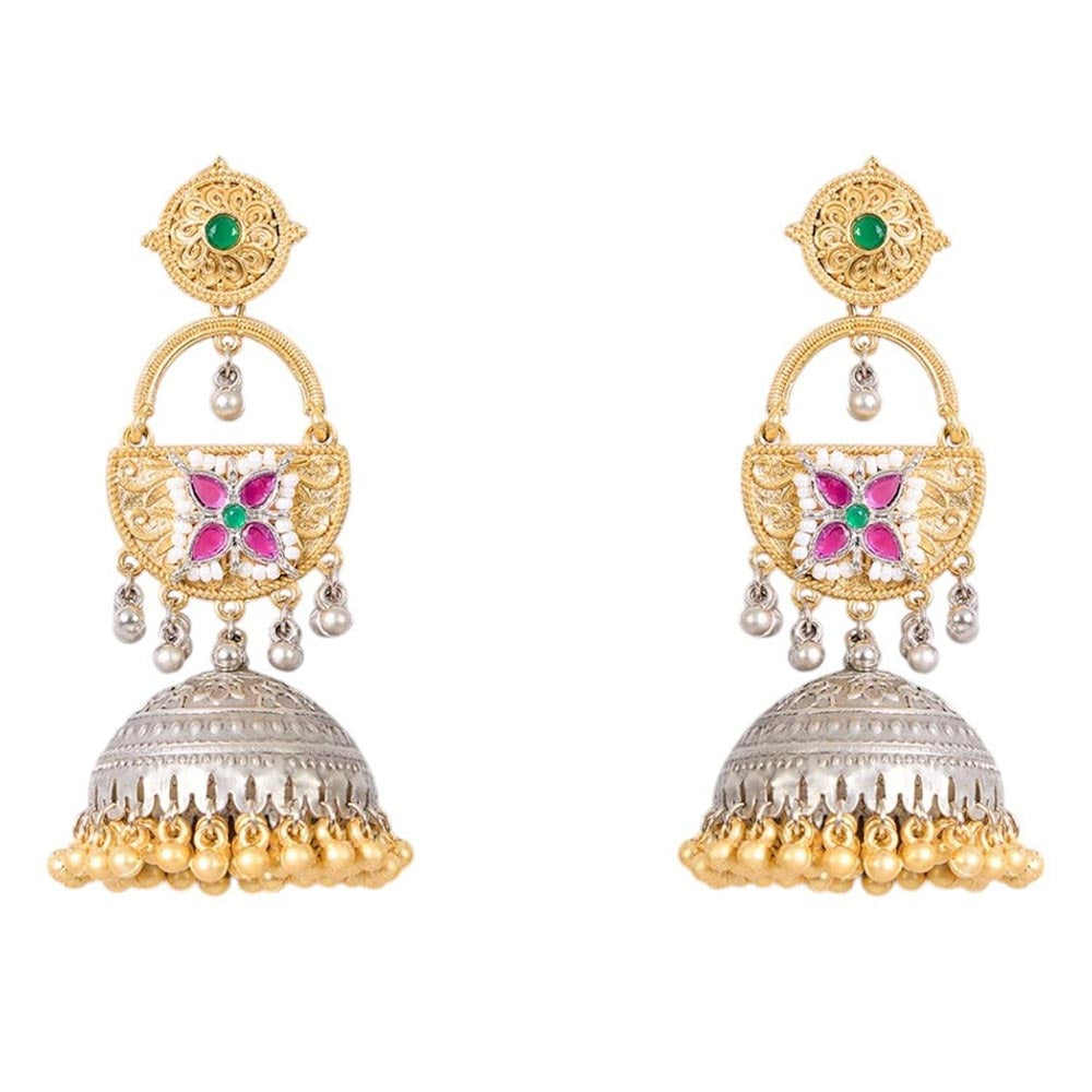 Auraa Trends Gold and Silver-Plated Traditional Jhumka Earrings