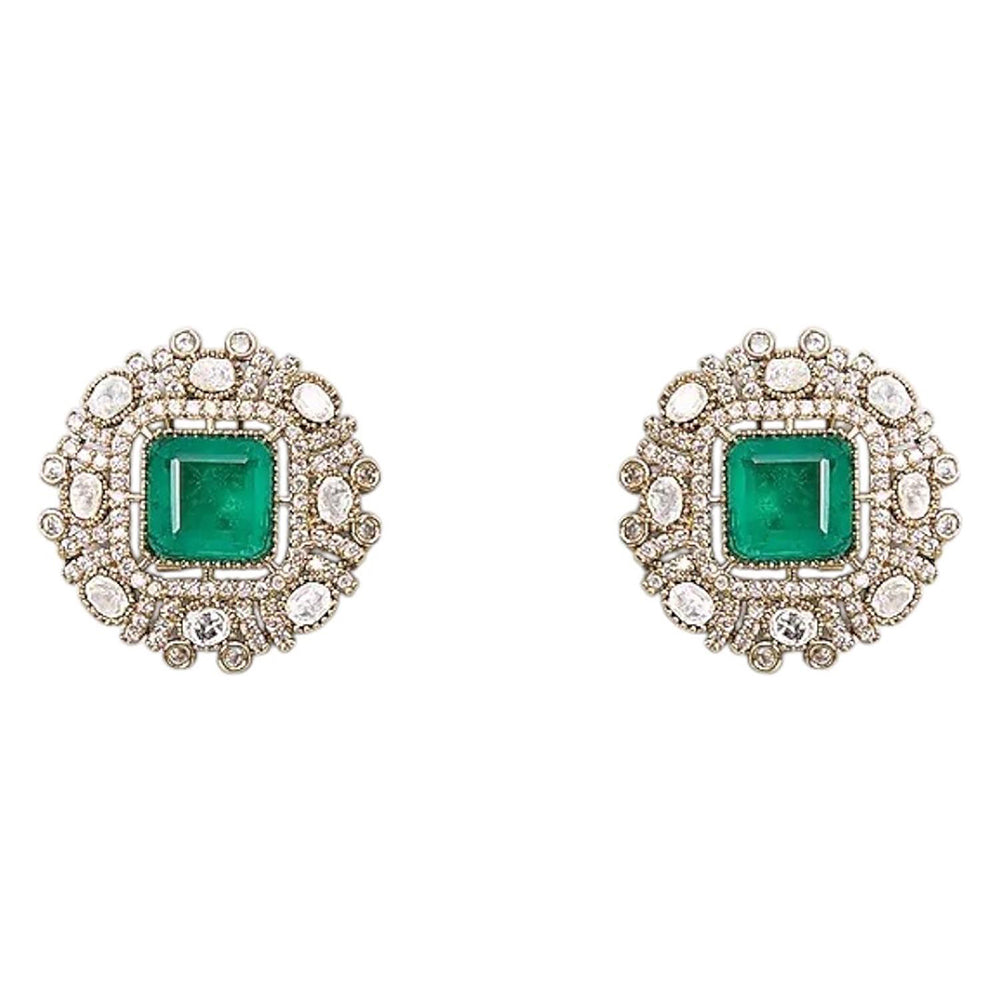 Auraa Trends Gold Finish Kundan Polka and Emerald Green Stone Choker Jewellery Set