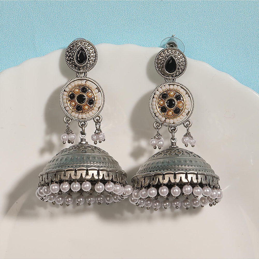 Auraa Trends Oxidized Silver Dome Jhumka Earrings With Pearl Beads And Black Stone