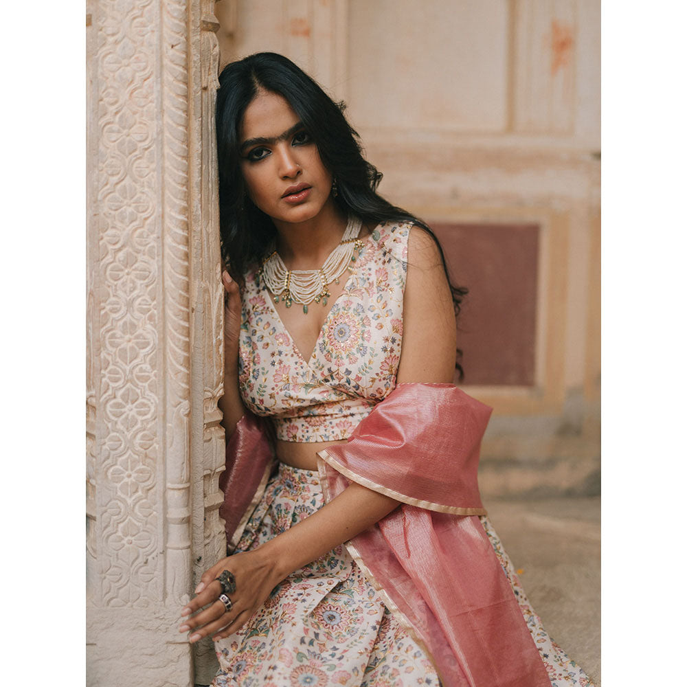 Baaro Masi Cream Embroidered Lehnga with Organza Dupatta (Set of 3)