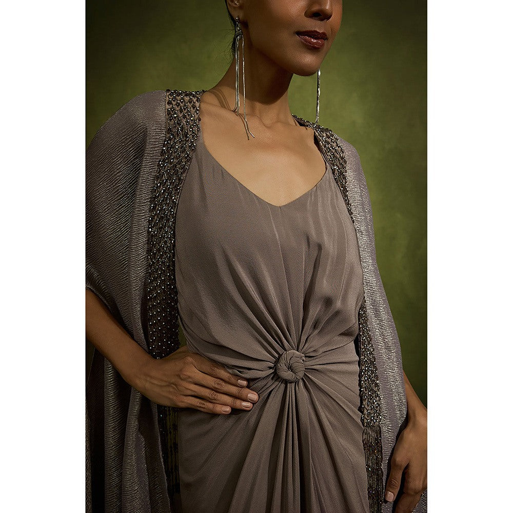 BABITA M Grey Sculpted Knot Dress With An Embossed Cape (Set of 2)