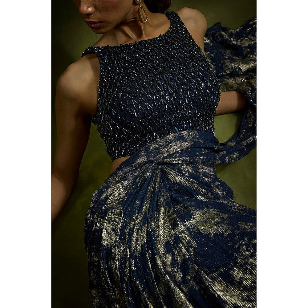 BABITA M Midnight Blue Gold Foiled Pre-draped Saree with Stitched Blouse