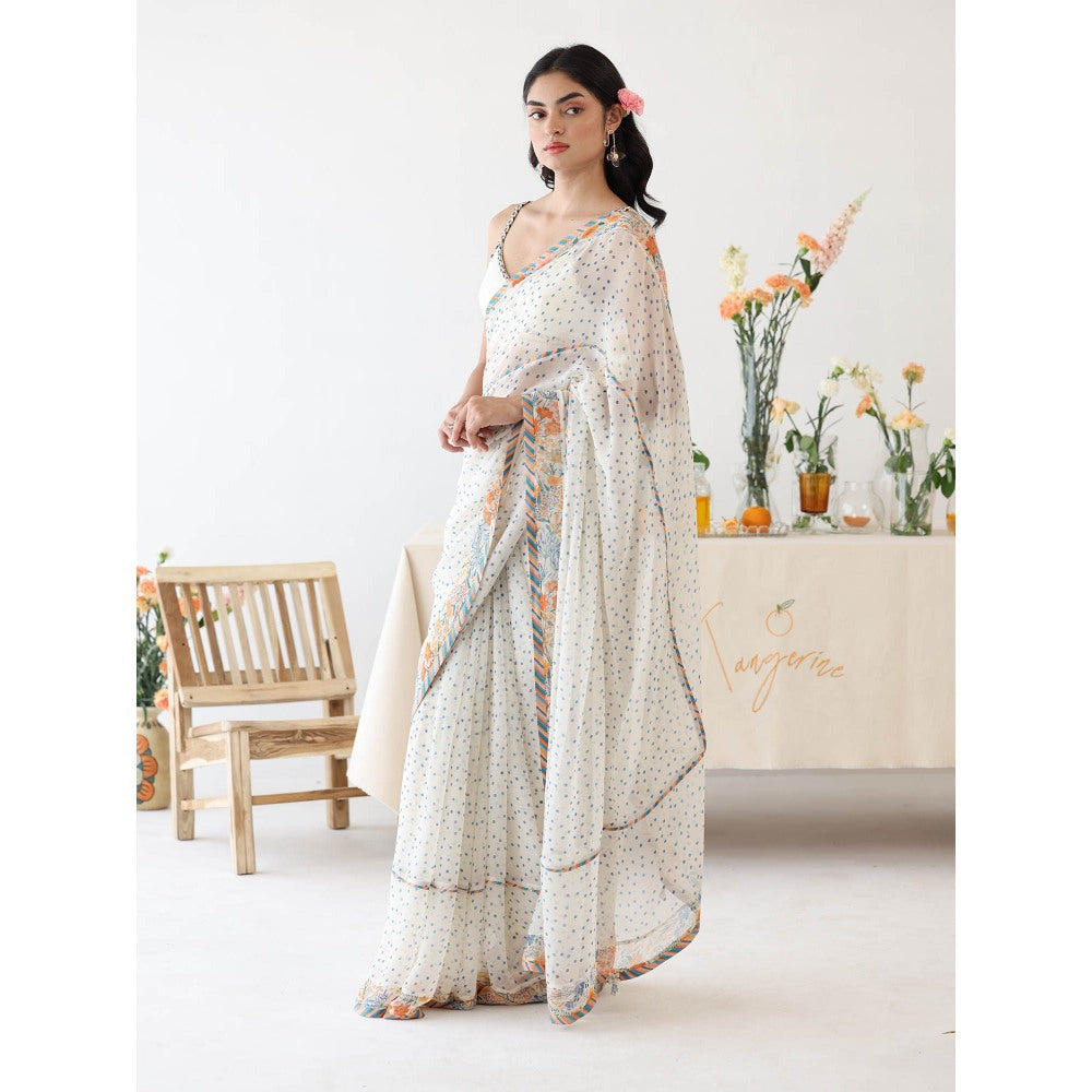 Baise Gaba Ode White Printed Saree with Unstitched Blouse