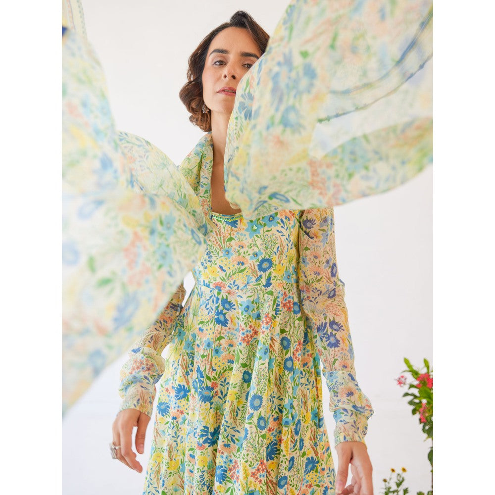Baise Gaba Yellow Floral Printed Gloria Anarkali Kurta with Pant & Dupatta (Set of 3)