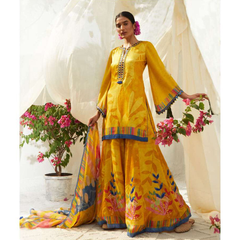 Basil Leaf Yellow Sharara with Kurti and Dupatta (Set of 3)
