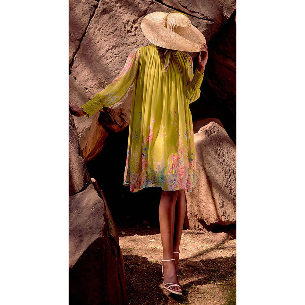 Basanti Kapde aur Koffee Lime Georgette Embroidered Flora Flow Knee Length Dress