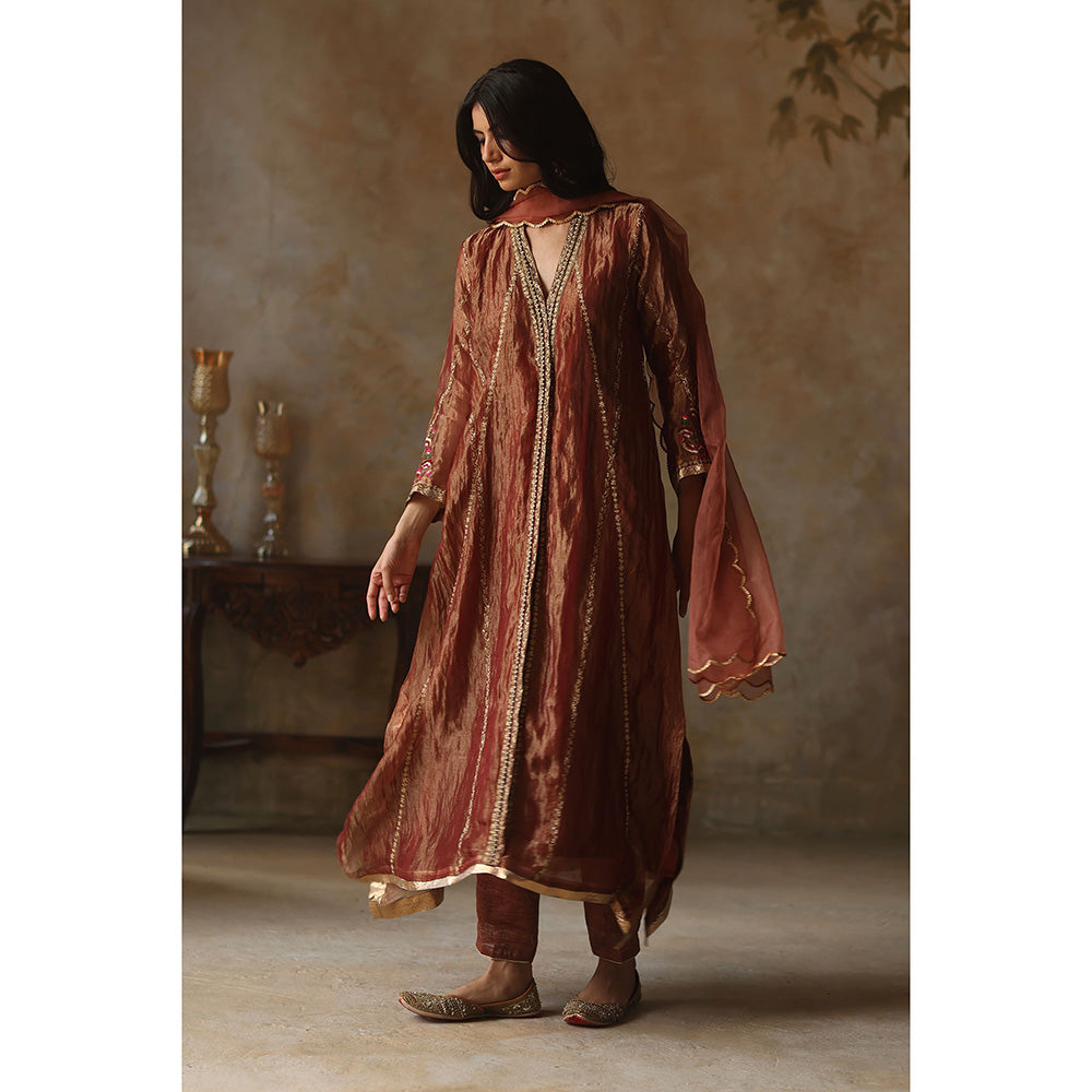 Begum Pret Asma Burnt Orange Kurta with Pant and Dupatta (Set of 3)