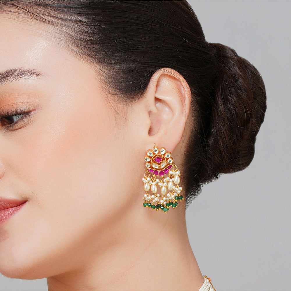 Beryachi Gold Finish Multi-Colored Pachi Kundan Polki Choker Necklace & Earrings Set