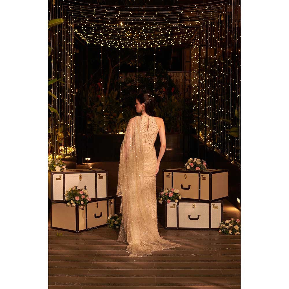 Jigar and Nikita Yellow Infinity Gown with Attached Drape