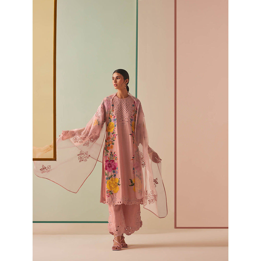 CHANDRIMA Pink Organza Floral Embroidered Dupatta