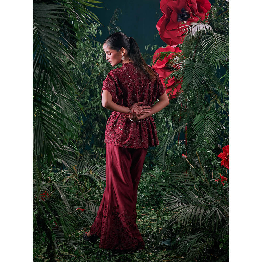 CHANDRIMA Wine Chanderi Embroidered Half Sleeves V-Neck Bead Work Jacket