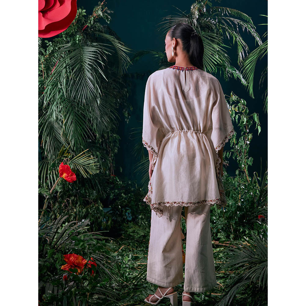 CHANDRIMA Ivory Chanderi Floral Flared Sleeves Round Neck Bead Work Kaftan
