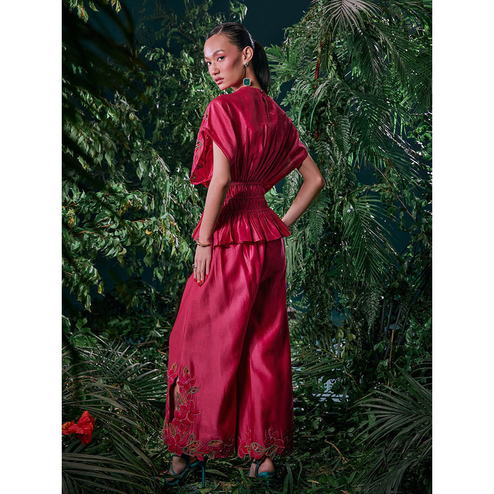CHANDRIMA Pink Chanderi Floral Flared Sleeves Crew Neck Bead Work Top