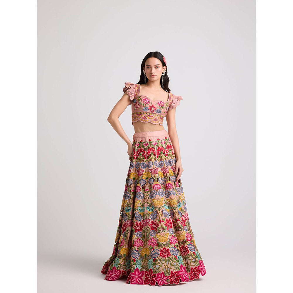 CHANDRIMA Soft Pink Multicolor Floral Crop Top