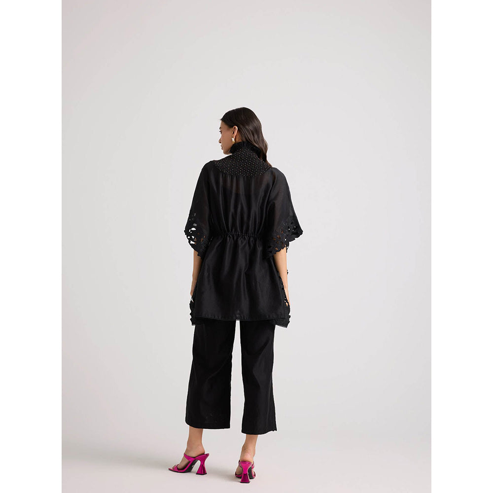 CHANDRIMA Black Applique and Beadwork Smocked Kaftan