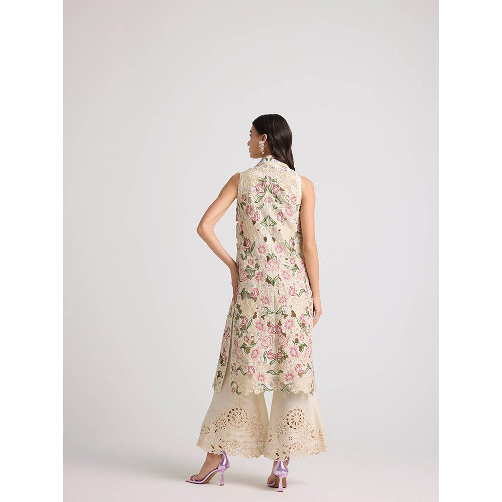 CHANDRIMA Ivory Floral Cutwork Bell Bottom Pant