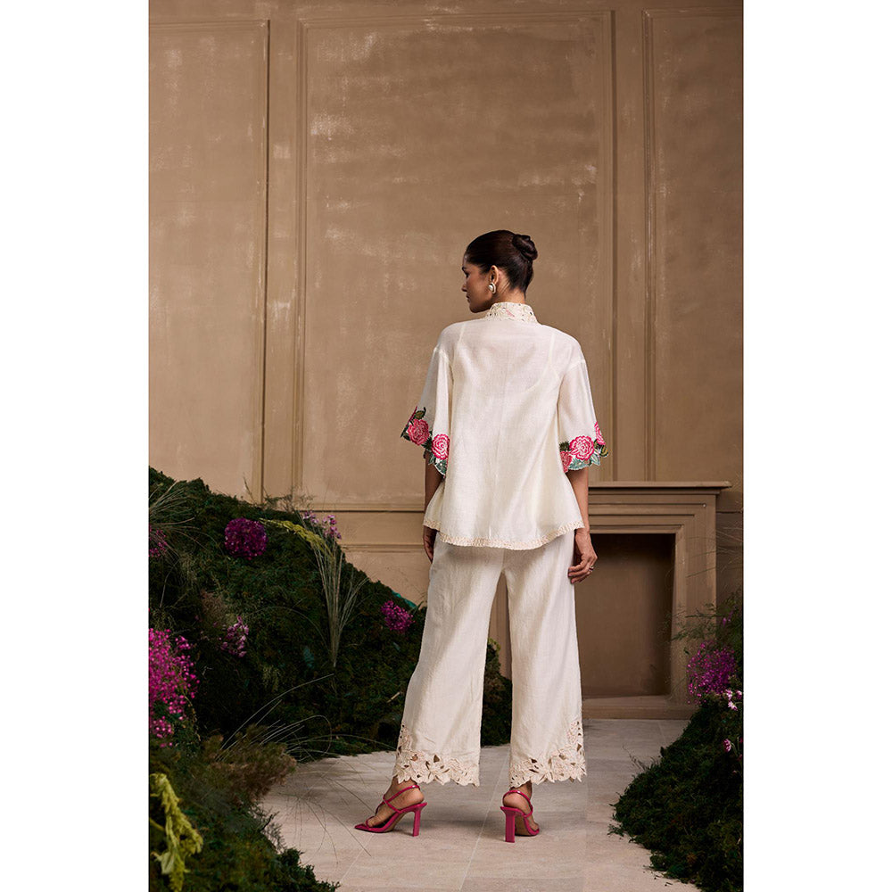 CHANDRIMA Ivory Rose Embroidered Pant