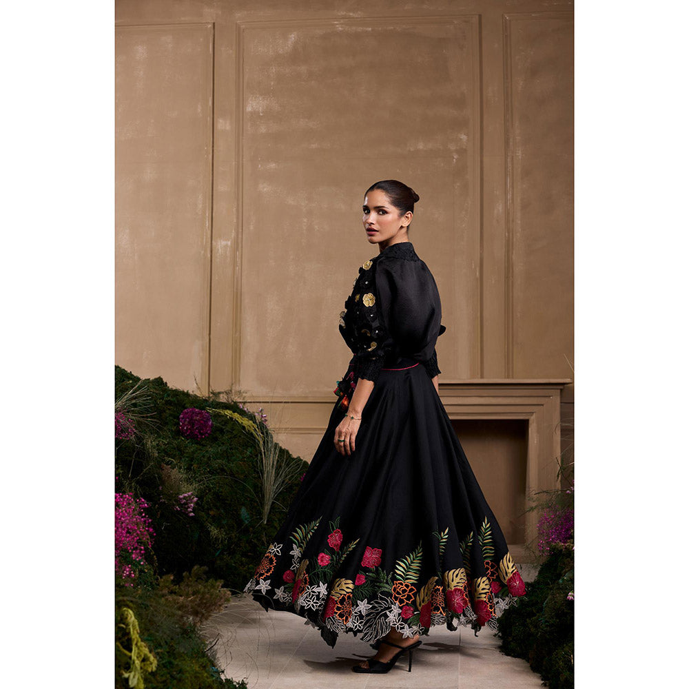 CHANDRIMA Black Floral Foliage Applique Embroidered and Cutwork Skirt