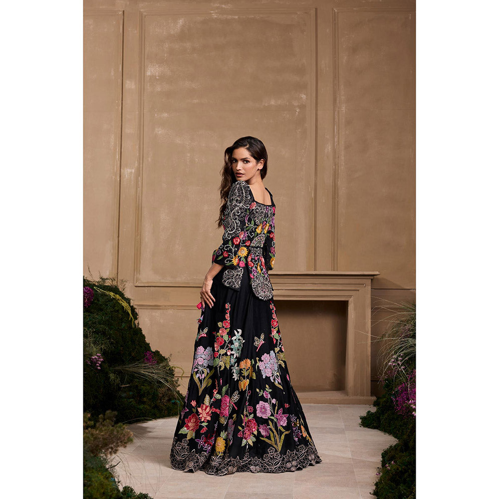 CHANDRIMA Black Floral Embroidered Blouse with Lehenga (Set of 2)