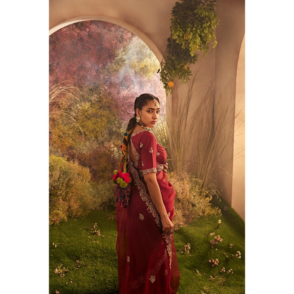 CHARU MAKKAR Maroon Saree with Unstitched Blouse