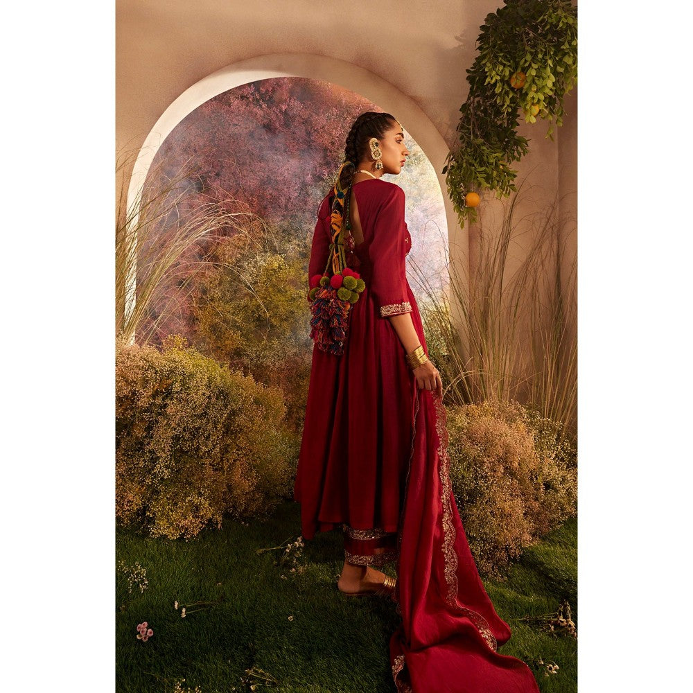 CHARU MAKKAR Maroon Anarkali Kurta & Palazzo (Set of 2)