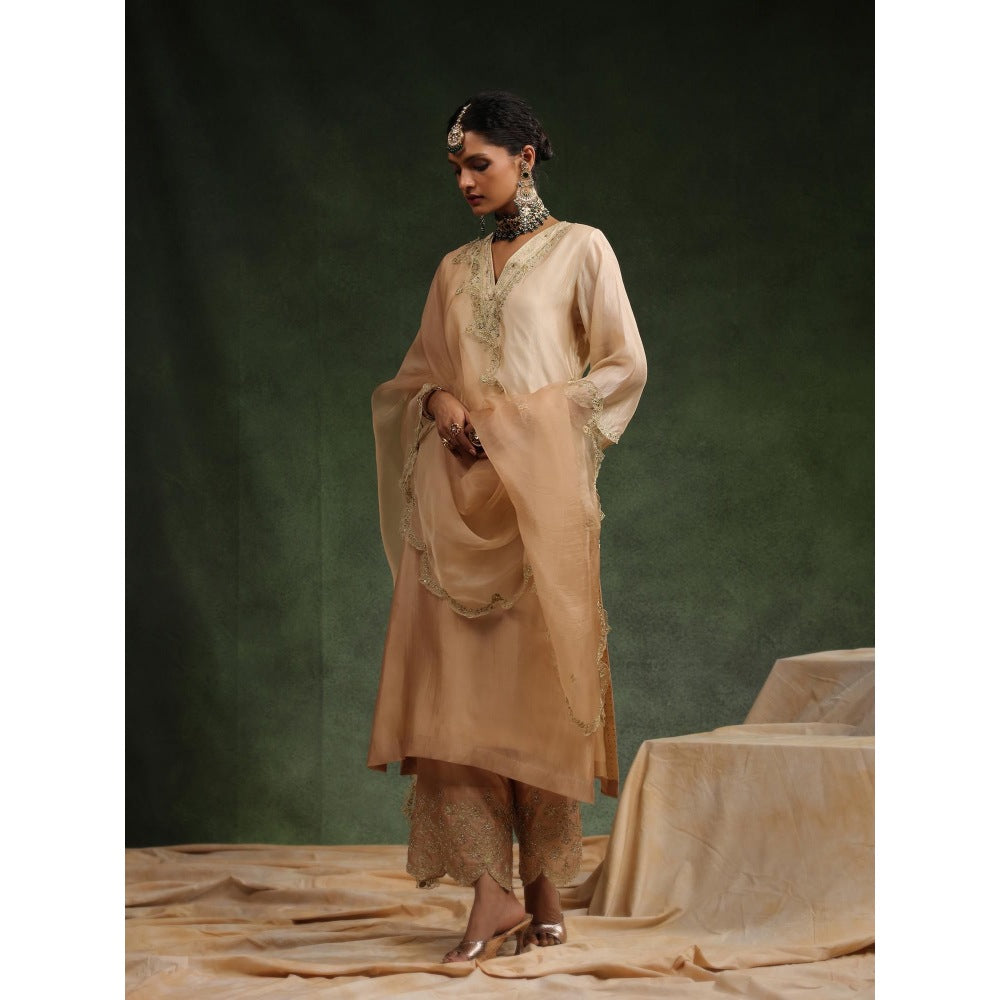CHARU MAKKAR Beige Mocha Kurta with Pant and Dupatta (Set of 3)